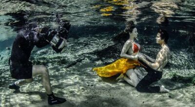 Fotógrafo cria ensaio com modelos debaixo d'água e usa caverna inundada como cenário em MS - Crédito: Ruver Bandeira