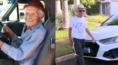 Aos 102 anos, aposentado é o mais antigo motorista de MS.  Foto: Rachid Waqued/Detran-MS e TV Morena/Reprodução