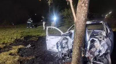 Carro queimado após bater em árvore. (Foto: Leandro Holsbach)