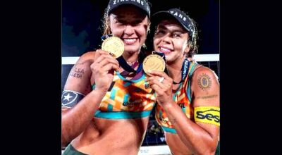 Thâmela (à esquerda) e Vic Lopes protagonizaram quatro viradas em sete partidas disputadas em Montréal (Foto: Volleyball world)