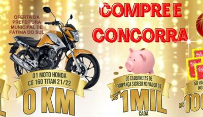 ACIFAS sorteia neste sábado 01 moto 0Km e R$ 10 mil em caderneta de poupança em Fátima do Sul