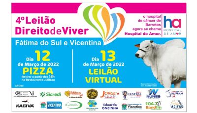 4&ordm; Leilão Direito de Viver acontece em março e será virtual em Fátima do Sul e Vicentina