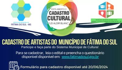 Prefeitura de Fátima do Sul abre cadastro de artistas e agentes culturais para execução da Lei Aldir