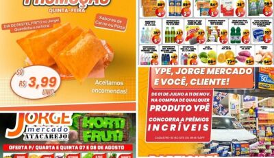 Quintouuu com pastel a R$ 3,99 e 10 sorteios vigentes no Jorge Mercado Atacarejo; confira as OFERTAS