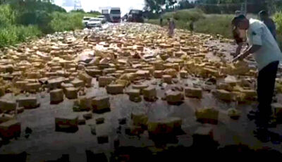 Carreta com carga de cerveja tomba na BR-262 e provoca confusão
