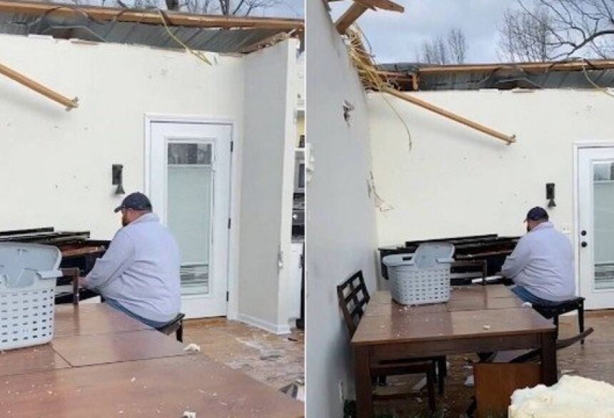 Jordan toca piano no meio de casa destruída por tornado Foto: Reprodução