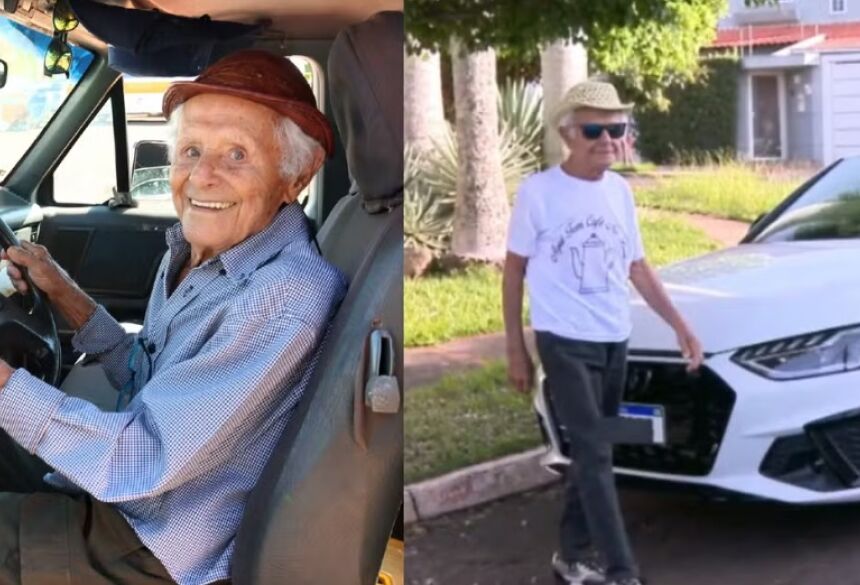 Aos 102 anos, aposentado é o mais antigo motorista de MS.  Foto: Rachid Waqued/Detran-MS e TV Morena/Reprodução