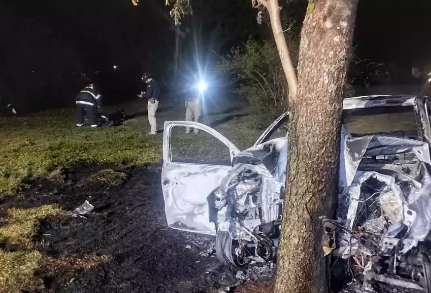 Carro queimado após bater em árvore. (Foto: Leandro Holsbach)