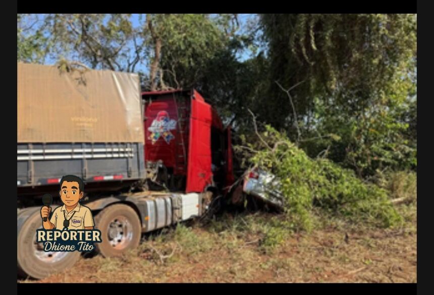 Carreta e carro em área de mata após acidente  na BR-267 próximo a Bataguassu