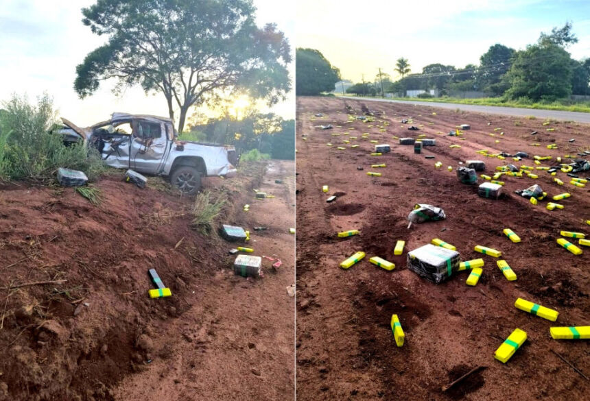 Amarok presa a uma cerca e tabletes de maconha espalhados no chão; Foto: Tá Na Mídia Naviraí
