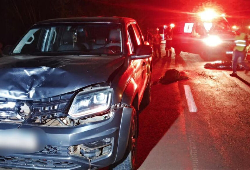 Parte frontal da caminhonete danificada devido ao impacto; Foto: Sidnei Bronka/Ligado Na Notícia