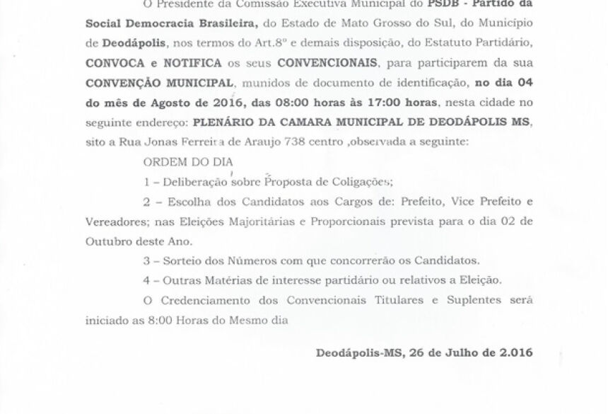 PSDB realiza sua convenção no próximo dia 04 de agosto em DEODÁPOLIS
