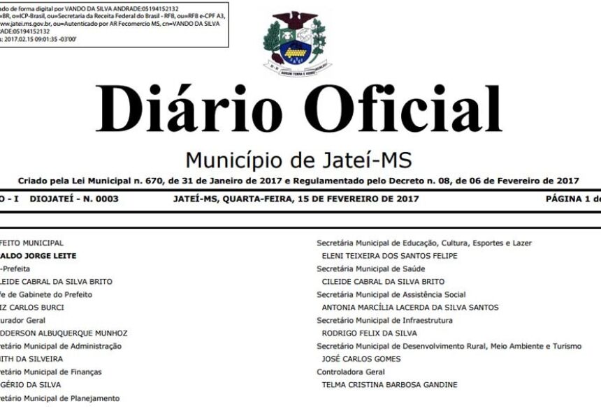 FOTO: DIVULGAÇÃO - Prefeito Eraldo Leite inova lançando Diário Oficial do município em JATEÍ