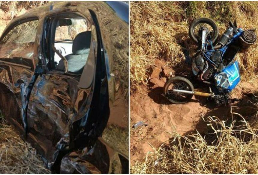 Fotos enviadas por internautas ao IMPACTONEWS mostram o carro e a moto que se envolveram no acidente. Fotos: Whatsapp/Redação