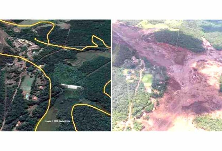 Imagens aéreas da região onde se rompeu a barragem Córrego do Feijão antes e depois da tragédia (foto: Reprodução/Whatsapp)