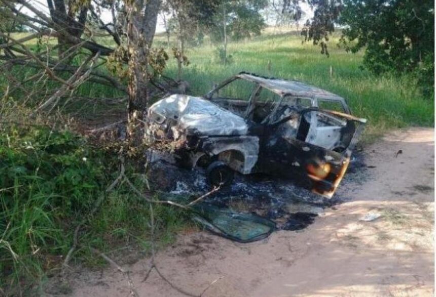 Após colisão em árvore, o carro pegou fogo e foi destruído pelas chamas