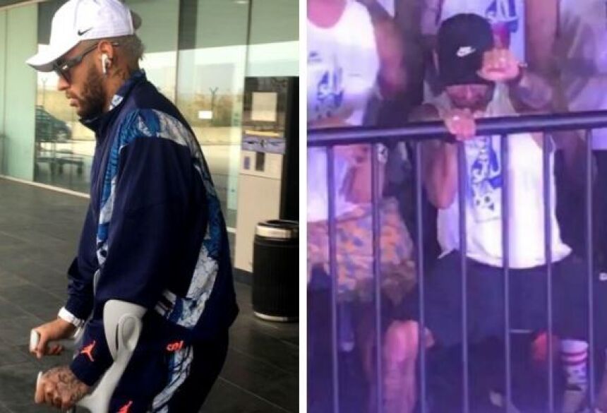 Neymar usando muletas e dias depois caiu na folia (Foto: Reprodução)