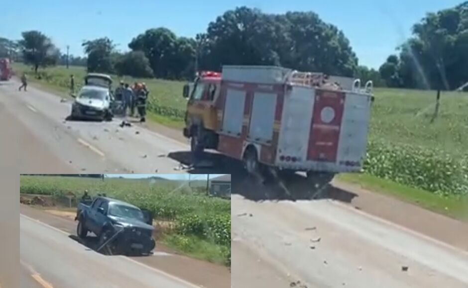Colisão entre carro e caminhonete mobiliza Corpo de Bombeiros na BR-376, em Fátima do Sul