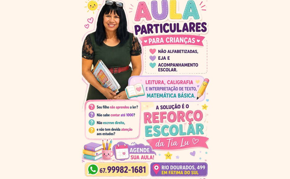 Seu filho não vai bem na escola? Aulas de reforço escolar com a Professora Luzinete em Fátima do Sul